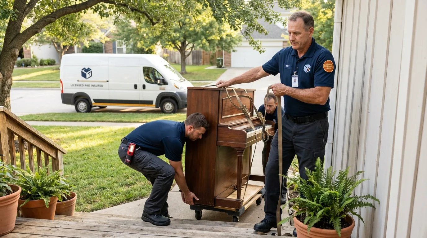 Licensed piano movers securing grand piano in Ashley, OH