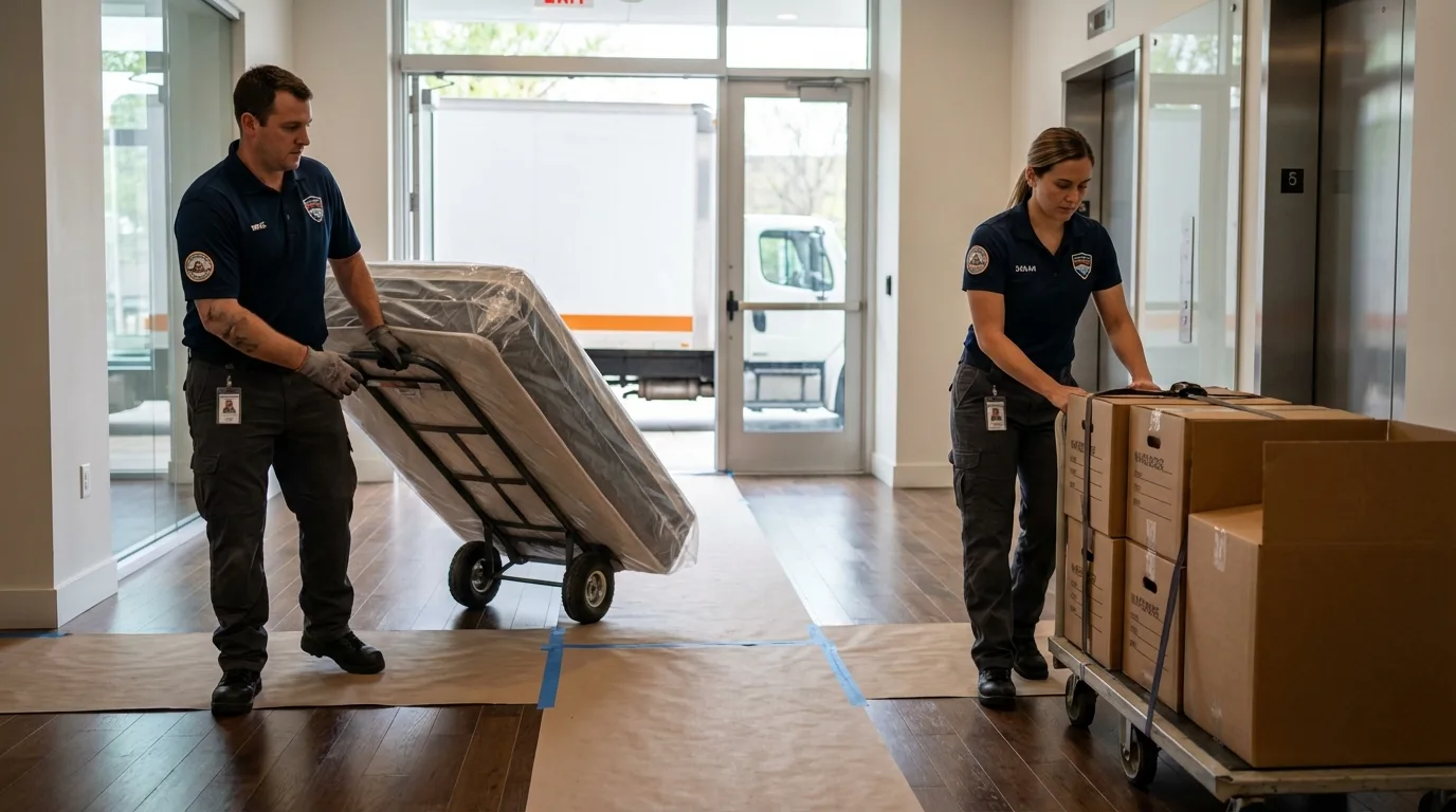 Professional apartment movers loading elevator in Ashley, OH